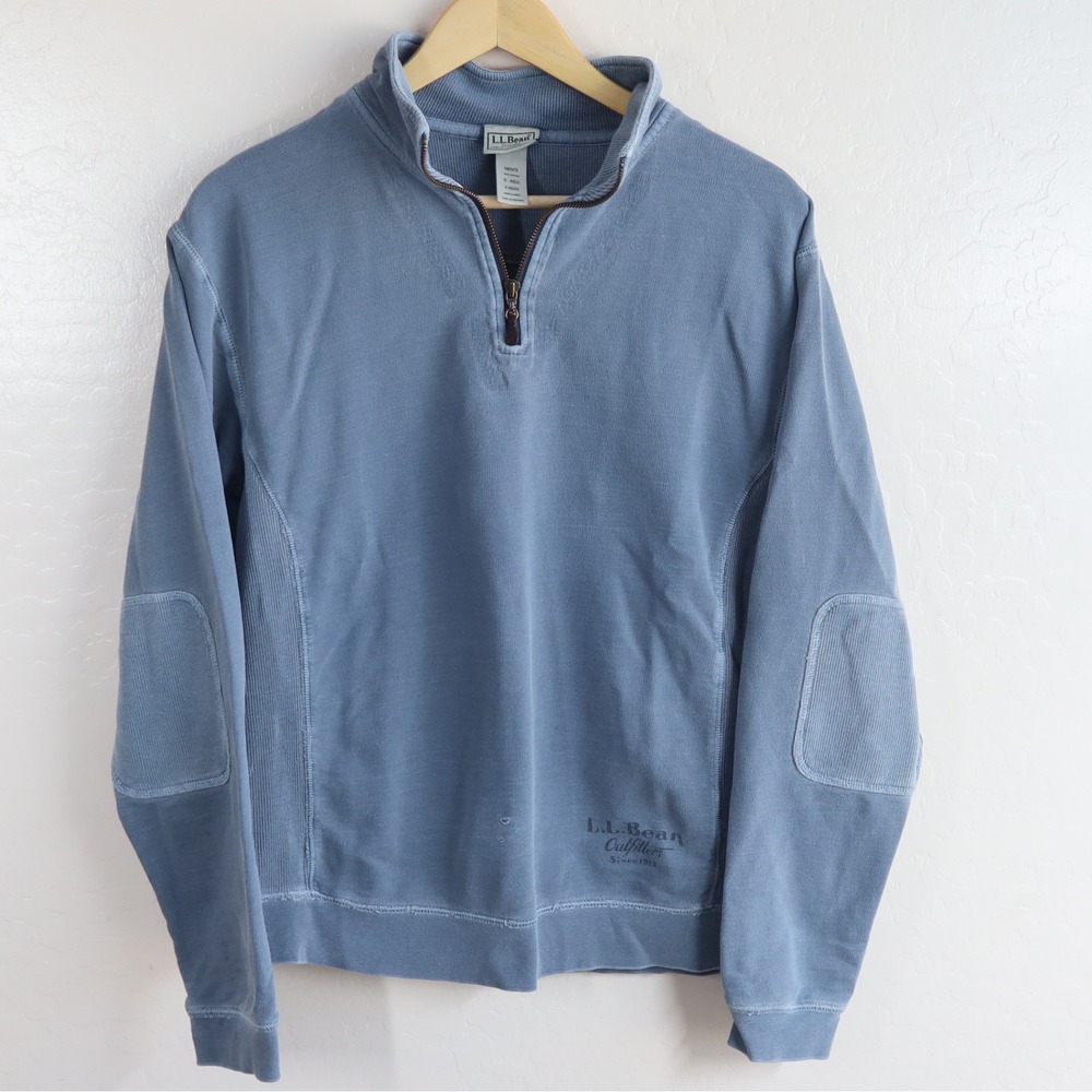 LL‎ Bean Mens 1/4 Zip Sweatshirt Blue Size S Blue Elbow Patch Distressed Faded